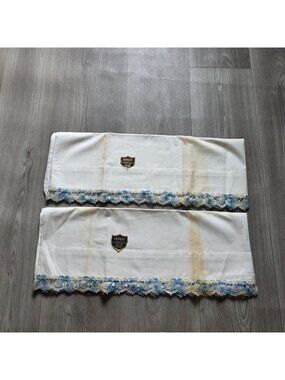 Vintage Pequot Pillowcases 45x36 White With Blue Lace Trim Pre-Hemmed Set Of 2
